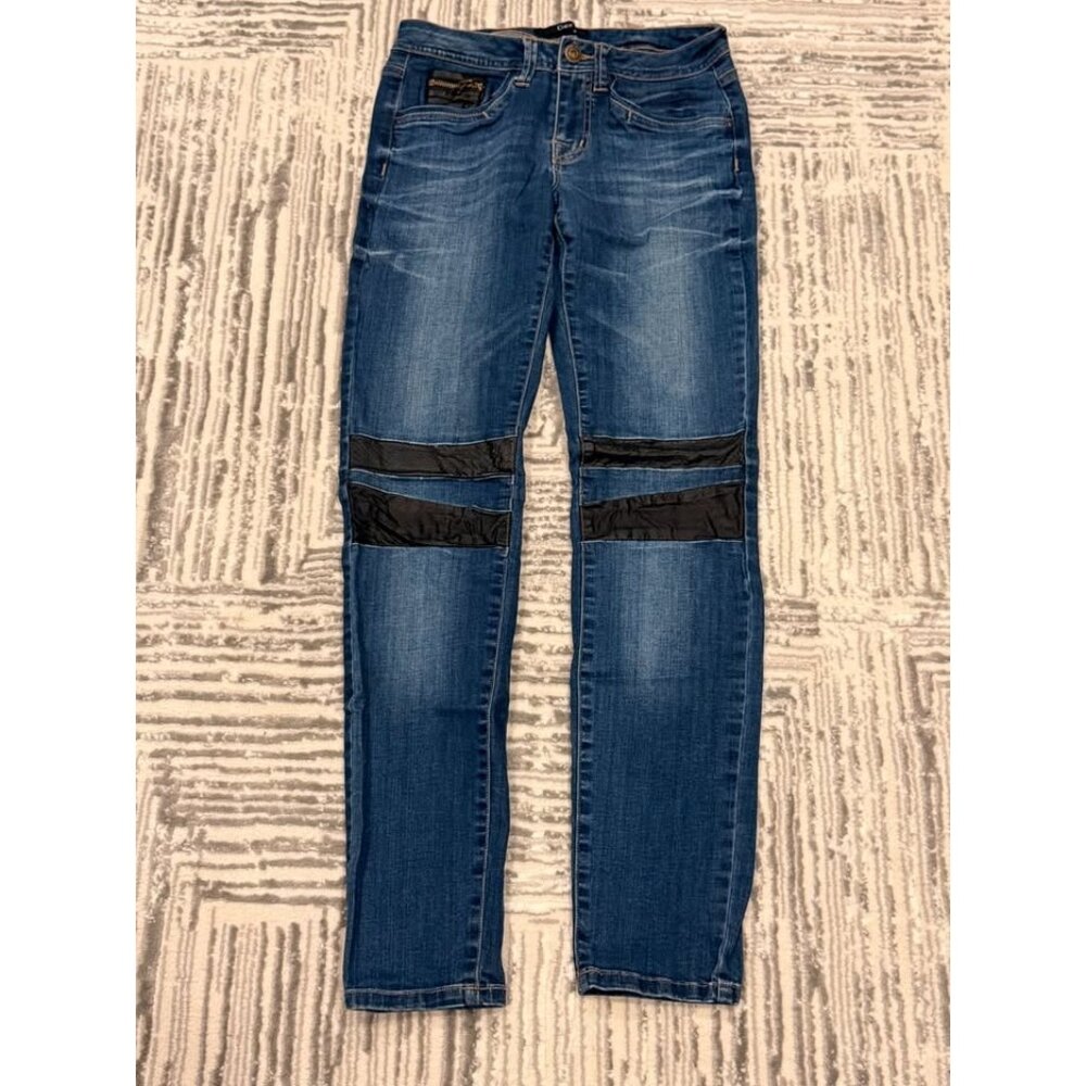 DEX 27" blue denim & black leather accents 5-pocket denim jeans Retails $150